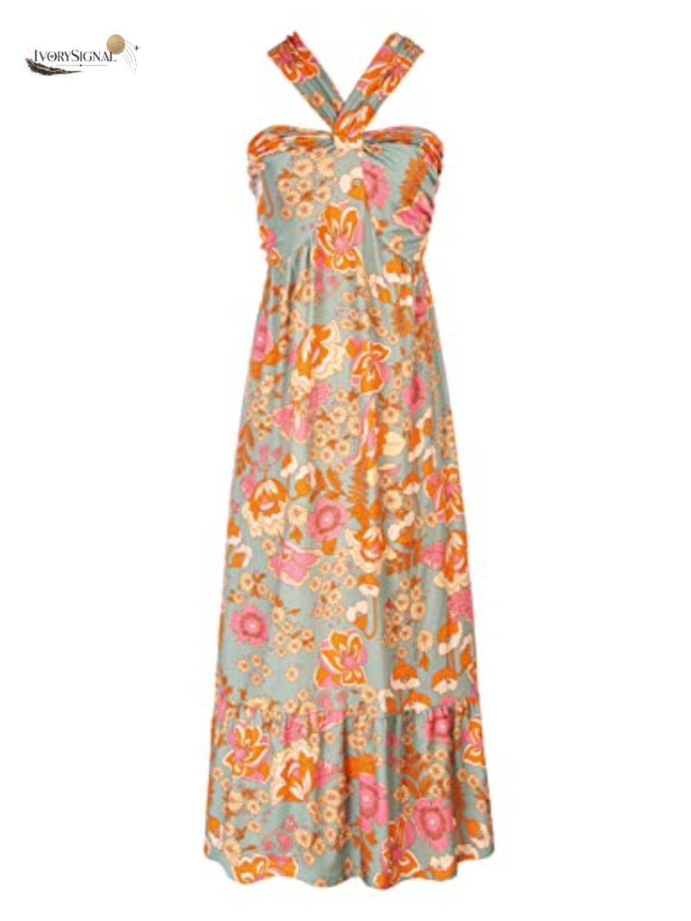 Womens Floral Halter Boho Maxi Dress Crossover Neck Sleeveless Ruffle